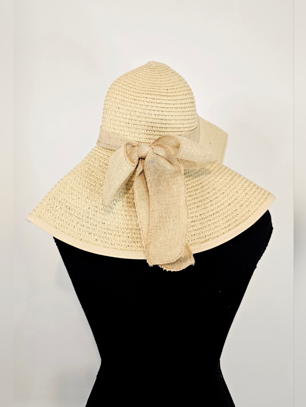 Wide Brim Straw Sun Hat Bow Beach Floppy Neutral Summer Coastal Grandma Boho